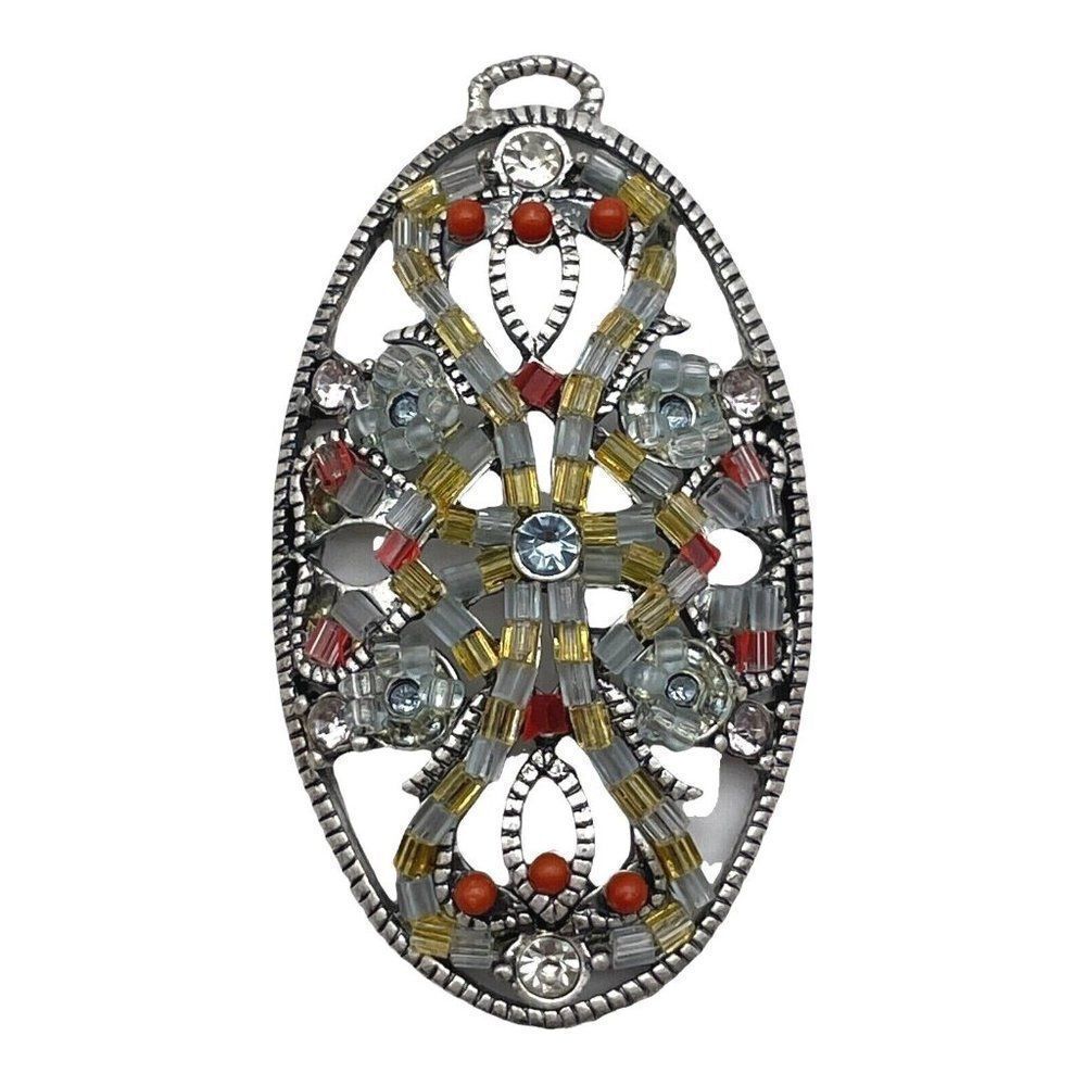 Vintage Silver Tone Beaded Oval Pendant Signed LC